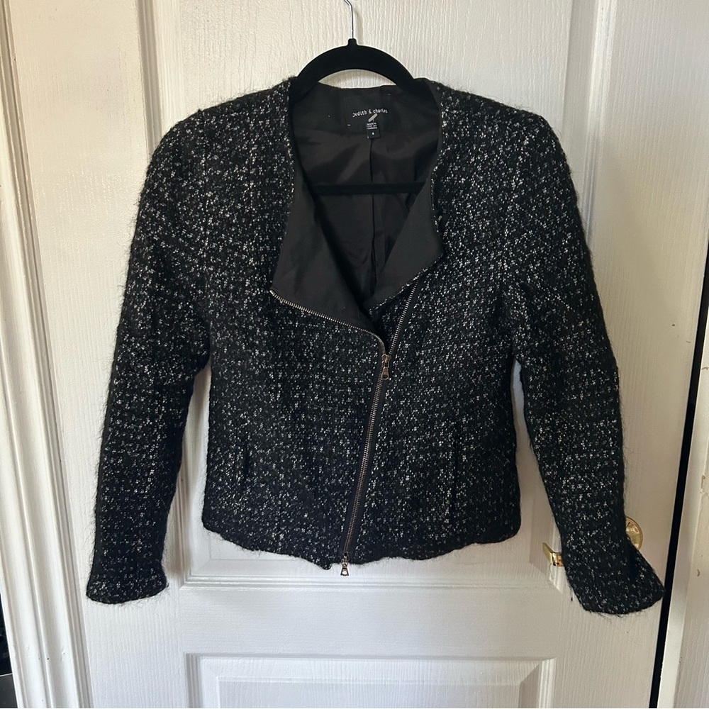 Judith & Charles Motorcycle Jacket, Black and White, Size XS - Picture 3 of 9